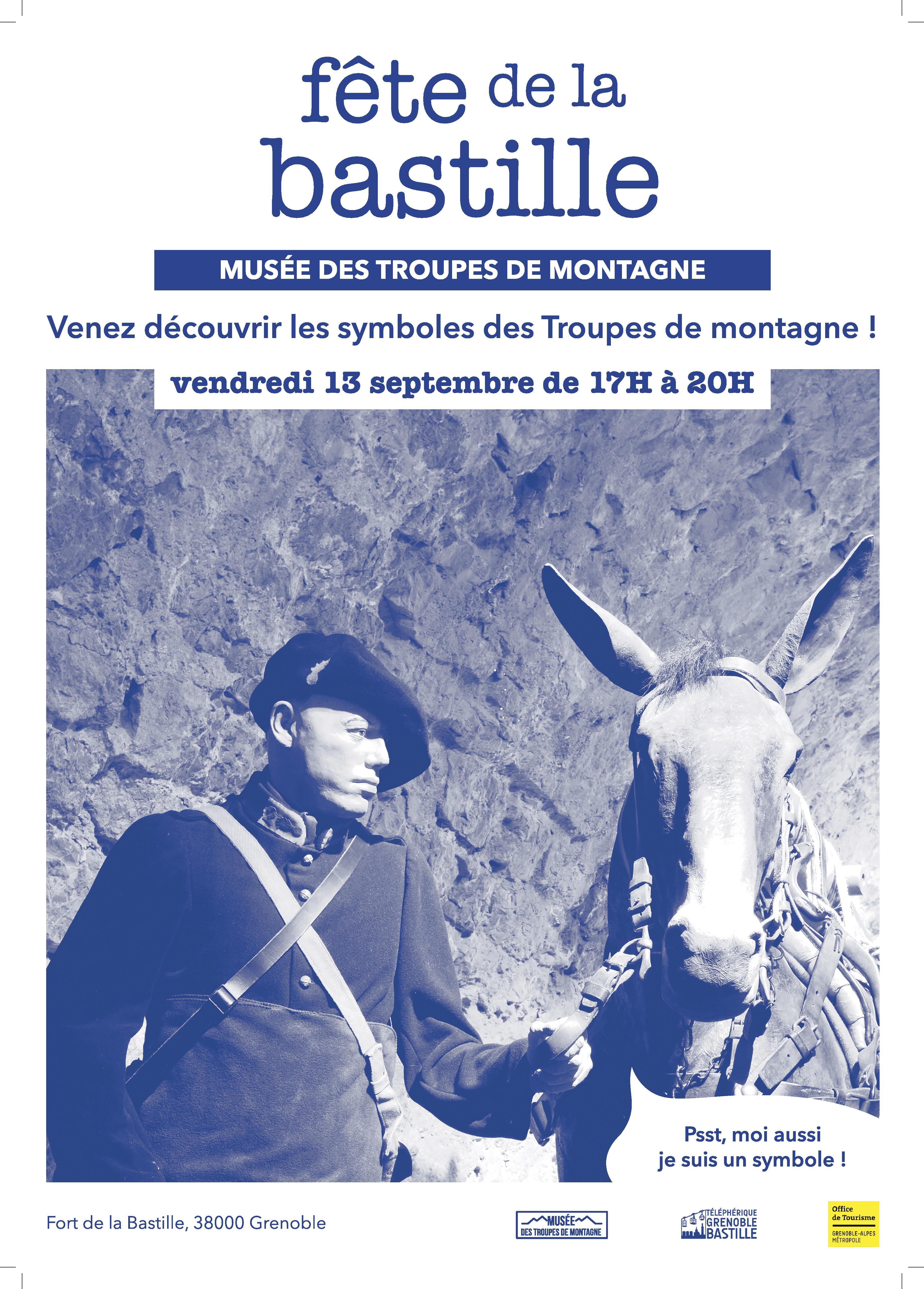 Affiche pour la Fête de la Bastille au Musée des Troupes de montagne, qui représente un soldat avec un mulet.